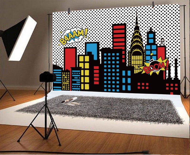 Yeele 7x5ft Cartoon Comic Super Hero City Photography Backdrop Vinyl Humor Abstract Superhero Baby Shower Photo Background for Girl Birthday Party Photo Video Shoot Studio Prop Wallpaper - Image 2
